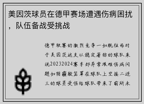 美因茨球员在德甲赛场遭遇伤病困扰，队伍备战受挑战